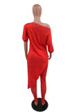 Red Fashion Casual Print Asymmetrical Oblique Collar Half Sleeve Two Pieces