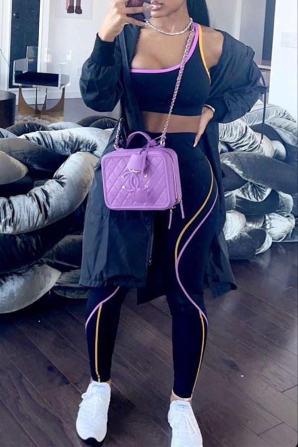 Black Casual Sportswear Print Vests Pants One Shoulder Sleeveless Two Pieces