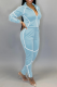 Light Blue Casual Solid Patchwork Turndown Collar Long Sleeve Two Pieces