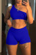 Blue Sexy Solid Patchwork Oblique Collar Two Pieces