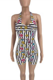 White Fashion Sexy Print Backless Spaghetti Strap Skinny Romper
