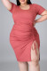 Watermelon Red Sexy Casual Plus Size Solid Slit O Neck Short Sleeve Dress