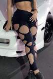 Black Sexy Solid Hollowed Out Patchwork Skinny High Waist Pencil Solid Color Bottoms