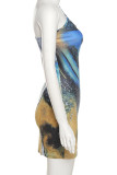 Blue Sexy Print Patchwork Backless Oblique Collar A Line Dresses