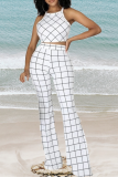 White Casual Plaid Patchwork Spaghetti Strap Sleeveless Two Pieces