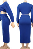 Rose Red Casual Solid Patchwork Frenulum Slit O Neck Long Sleeve Two Pieces