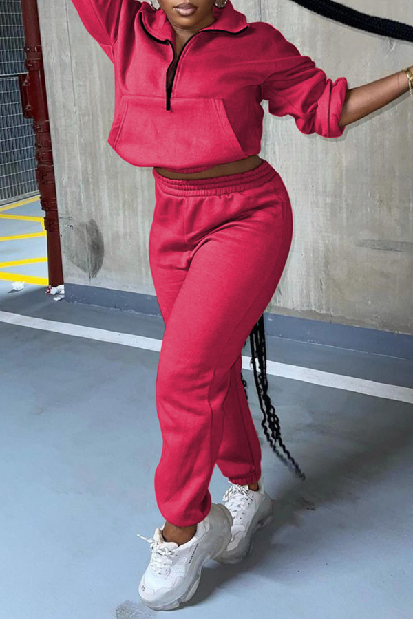 Rose Red Fashion Casual Solid Zipper Turndown Collar Two Pieces