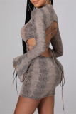 Grey Fashion Sexy Print Bandage Backless Half A Turtleneck Long Sleeve Dresses