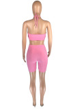 Pink Fashion Casual Solid Backless Halter Sleeveless Two Pieces