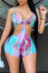 Sky Blue Fashion Sexy Print Backless Spaghetti Strap Skinny Romper