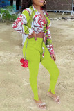 Rose Red Fashion Casual Print Bandage Strap Design Turndown Collar Long Sleeve Two Pieces