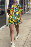 Grey Casual Print Patchwork O Neck Short Sleeve Two Pieces