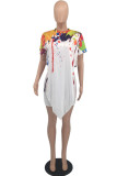 White Casual Print Asymmetrical O Neck Short Sleeve Two Pieces