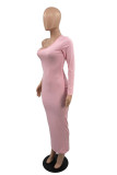 Pink Fashion Sexy Solid Backless Oblique Collar Long Sleeve Dresses
