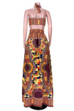 Yellow Fashion Sexy Print Backless Halter Sleeveless Two Pieces