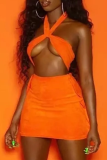 Black Orange Sexy Solid Hollowed Out Halter Sleeveless Two Pieces