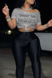 White Fashion Casual Letter Print Bandage Oblique Collar T-Shirts