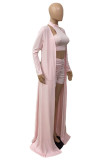 Pink Casual Solid Fold Turtleneck Long Sleeve Three-piece Set