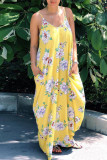 Yellow Sexy Casual Print Backless Spaghetti Strap Sleeveless Dress