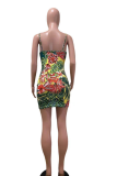 Colour Sexy Print Patchwork Spaghetti Strap Pencil Skirt Dresses