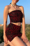 Red Sexy Print Patchwork Strapless Sleeveless Two Pieces