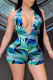Green Fashion Sexy Print Backless Halter Sleeveless Skinny Romper