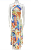 Orange Fashion Sexy Print Backless Spaghetti Strap Sleeveless Dress