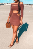 Dark Brown Sexy Solid Patchwork Off the Shoulder Three Quarter Two Pieces