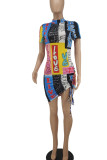 Multi-color Street Print Split Joint Draw String Half A Turtleneck Irregular Dress Dresses