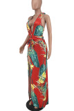 Red Sexy Print Bandage Patchwork High Opening Halter Straight Dresses