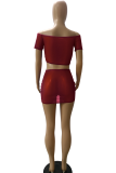 Rose Red Sexy Solid Mesh Off the Shoulder Short Sleeve Two Pieces