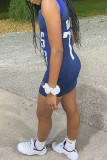 Deep Blue Casual Sportswear Letter Print Patchwork V Neck Vest Dress