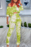 Blue Casual Print Tie Dye Fold O Neck Long Sleeve Two Pieces