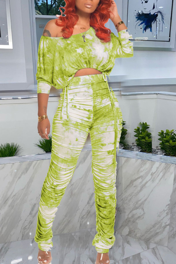 Green Yellow Casual Print Tie Dye Fold O Neck Long Sleeve Two Pieces