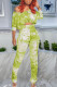 Green Yellow Casual Print Tie Dye Fold O Neck Long Sleeve Two Pieces
