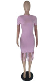 Pink Fashion Casual Solid Tassel O Neck Short Sleeve Dress