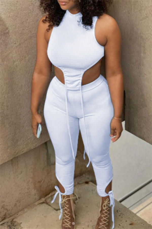 White Sexy Casual Solid Asymmetrical O Neck Sleeveless Two Pieces