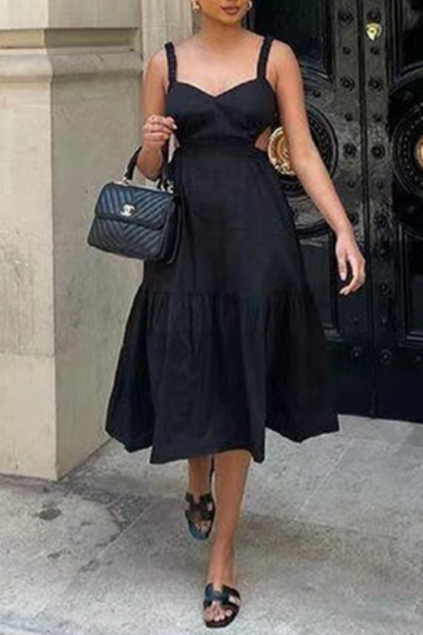Black Fashion Sexy Solid Backless Spaghetti Strap Sleeveless Dress