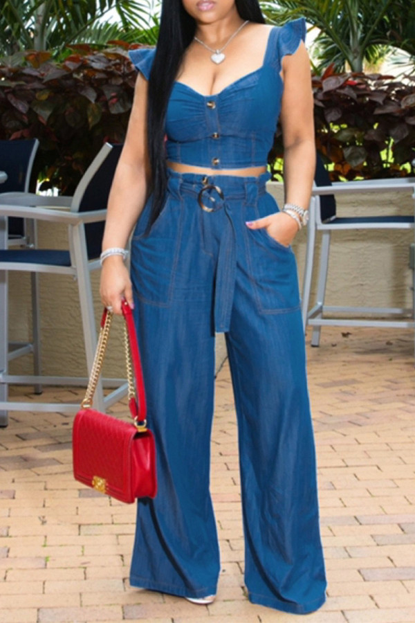 Blue Fashion Casual Solid Backless O Neck Sleeveless Two Pieces