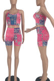 Red Casual Print Patchwork Spaghetti Strap Two Pieces