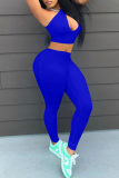 Blue Sexy Solid Patchwork Halter Sleeveless Two Pieces