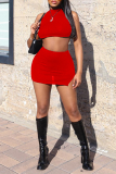 Red Casual Solid Split Joint Half A Turtleneck Sleeveless Two Pieces