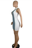 Blue White Fashion Sexy Patchwork Hollowed Out Turtleneck Sleeveless Dress