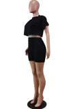 Yellow Casual Solid Patchwork O Neck Short Sleeve Two Pieces