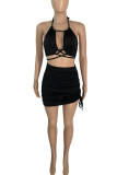 Red Sexy Solid Hollowed Out Draw String Frenulum Halter Sleeveless Two Pieces