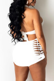 White Sexy Solid Bandage Hollowed Out Split Joint Halter Sleeveless Two Pieces