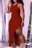 Red Sexy Solid Patchwork Backless Asymmetrical O Neck Vest Dress Dresses