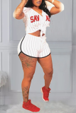White Sportswear Striped Patchwork V Neck Short Sleeve Two Pieces