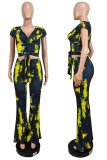 Blue Casual Print Draw String V Neck Short Sleeve Two Pieces