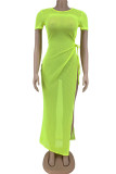 Fluorescent Green Fashion Sexy Solid See-through Slit O Neck Short Sleeve Dress